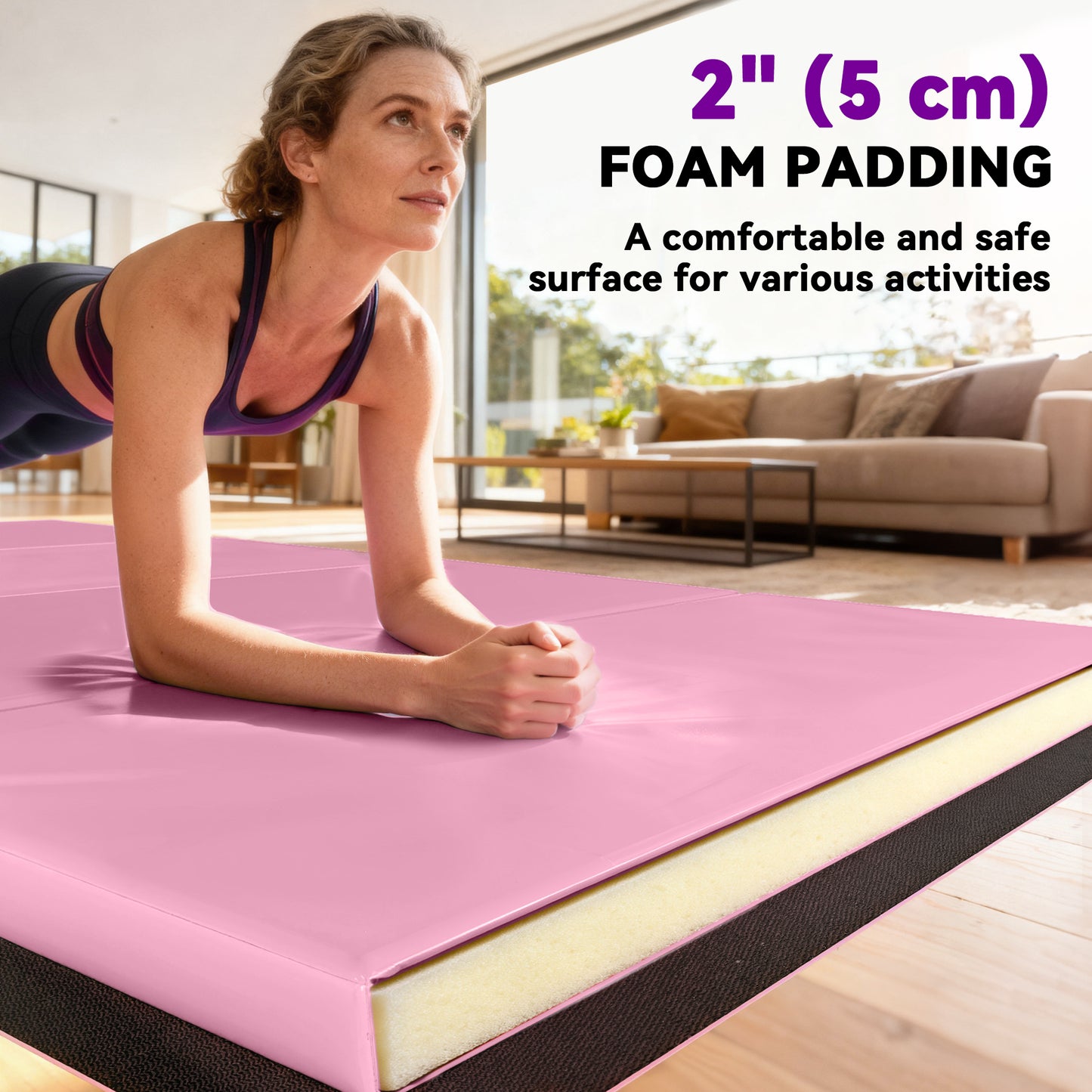 Soozier 4'x6'x2'' Folding Gymnastics Tumbling Mat, Exercise Mat with Carrying Handles for Yoga, MMA, Martial Arts, Stretching, Core Workouts, Pink