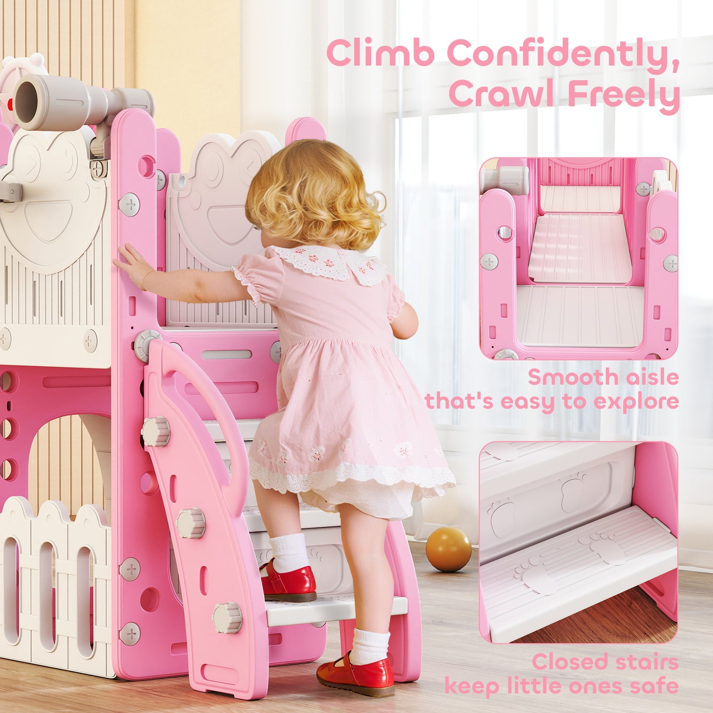 Qaba 7 in 1 Toddler Slide with Basketball Hoop, Climbing Frame, Telescope, Drawing Board, Storage Box for Ages 1-3, Pink