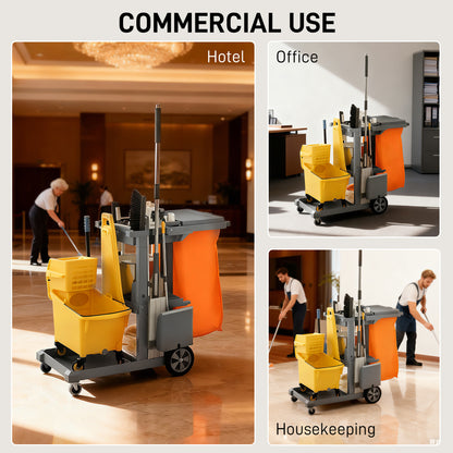 Commercial Janitorial Cart with 3 Tier Shelves, Cleaning Cart with Rubbish Bag and Mop Mount for Hotel Restaurant, Grey