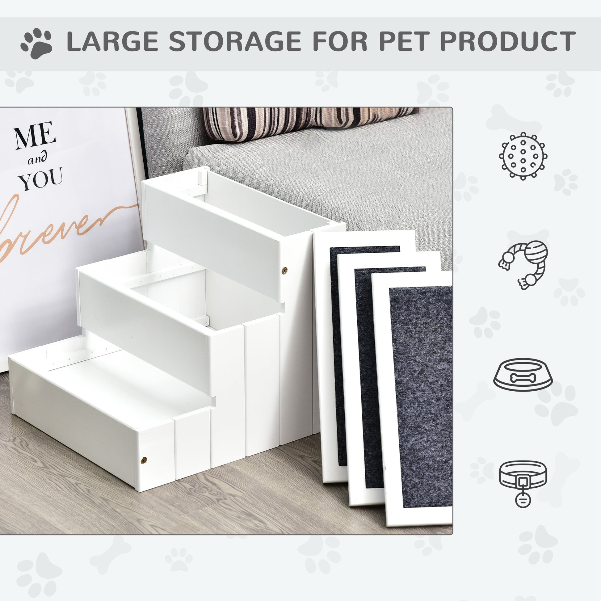 Pet Steps 3-Step Dog Stairs for Small Dogs Cats and Wooden Ramp with Storage Box Carpet Tread, White
