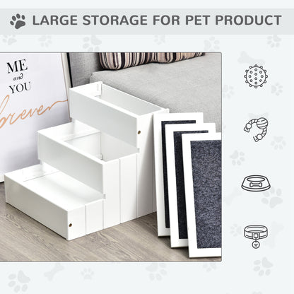 Pet Steps 3-Step Dog Stairs for Small Dogs Cats and Wooden Ramp with Storage Box Carpet Tread, White