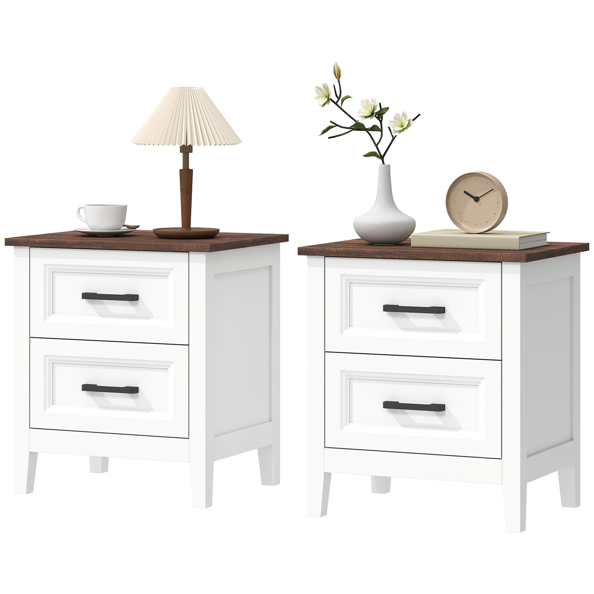 Farmhouse Nightstand Set of 2, Bedside Tables with 2 Drawers, Wood-Effect Top, White