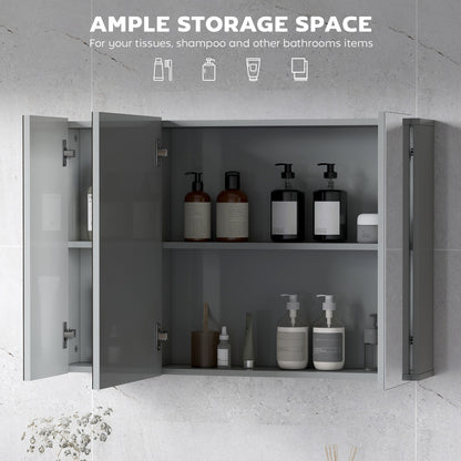 35" x 24" Wall Mounted Mirror Cabinet, Bathroom Medicine Cabinet with Mirror, 3 Doors and Adjustable Shelves, Grey