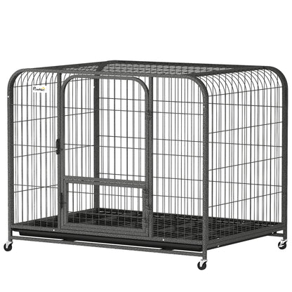 43 Inch Heavy Duty Dog Crate, Extra Large Metal Dog Cage with Lockable Wheels and Removable Tray