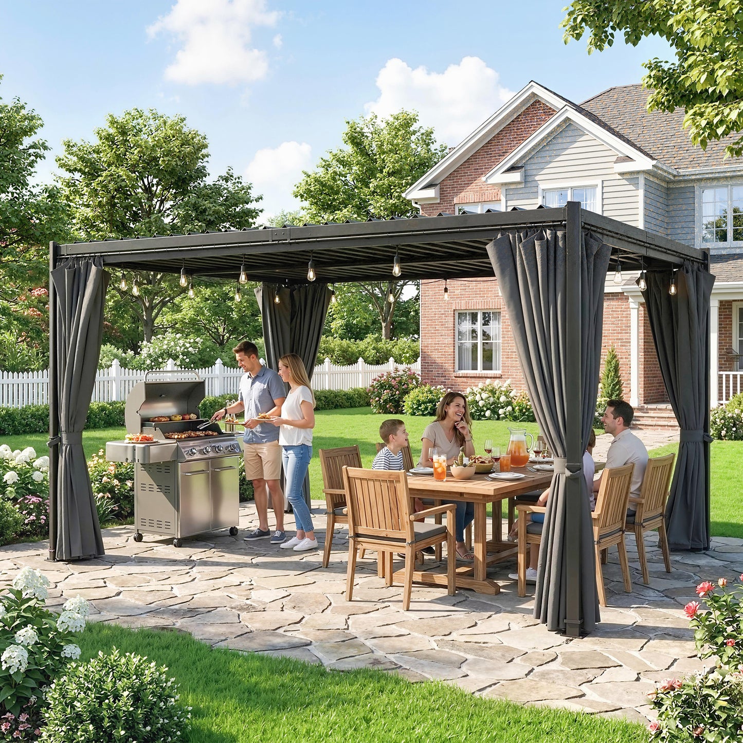 10 x 13 ft Louvered Pergola with Steel Roof, Curtains, Outdoor Metal Pergola Gazebo with Drainage Gutters, Grey