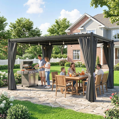 10 x 13 ft Louvered Pergola with Steel Roof, Curtains, Outdoor Metal Pergola Gazebo with Drainage Gutters, Grey
