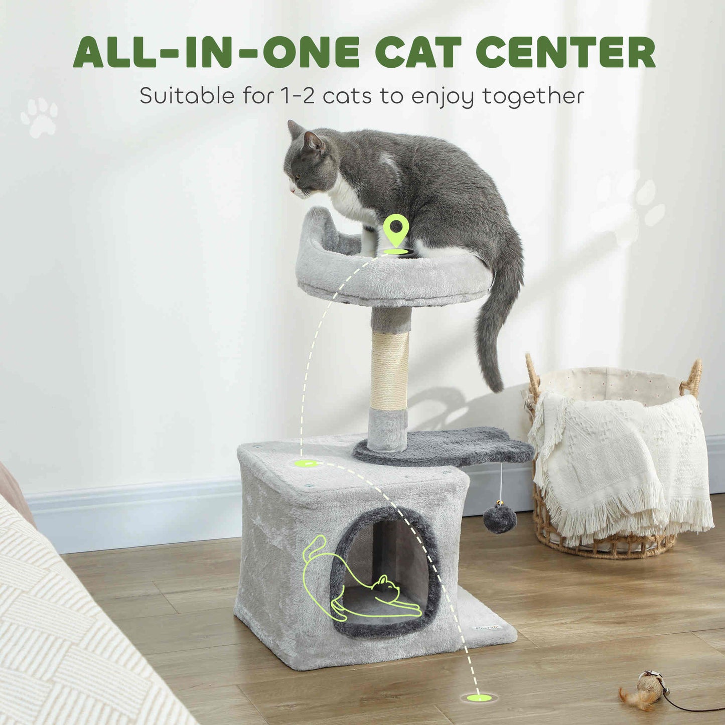 28" Cat Tree Tower with Plush Top Bed, Cozy Condo, Sisal Scratching Post, Perch, Dangling Ball, Light Grey