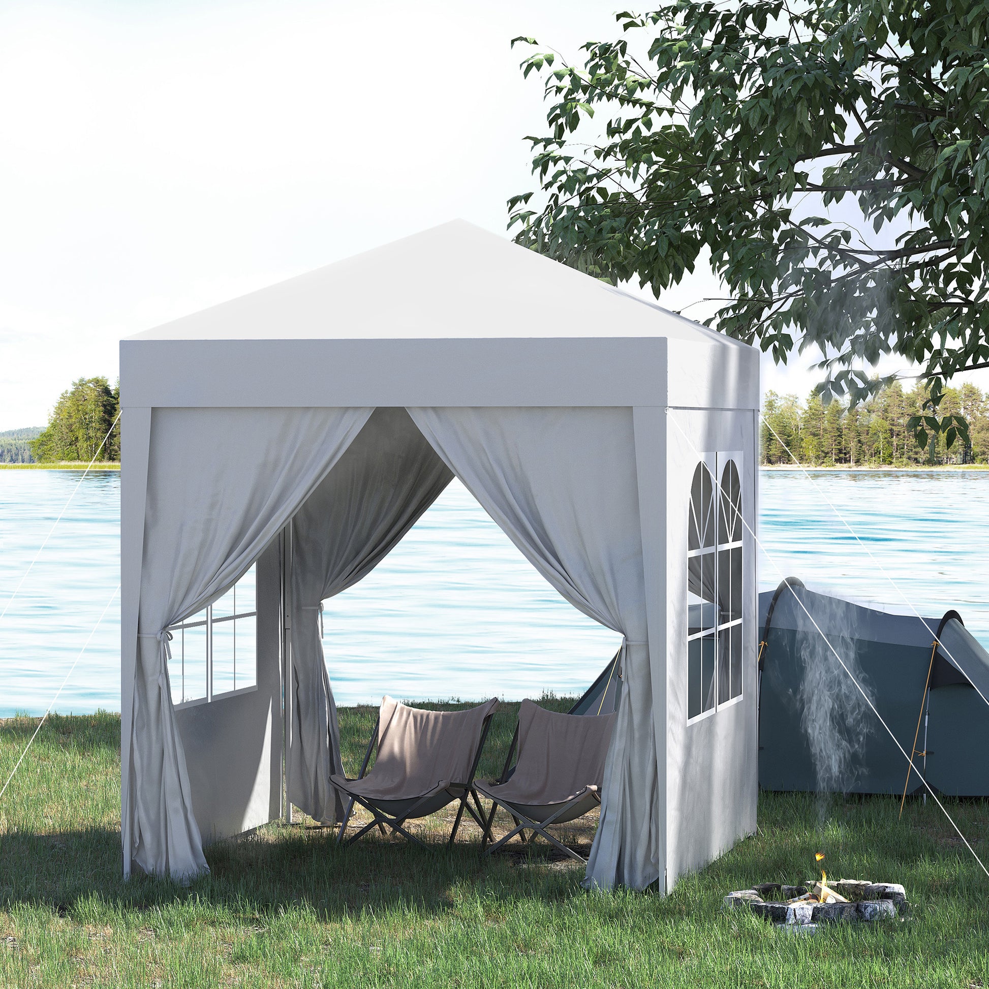 6.6'x6.6' Pop Up Canopy Tent with Sidewalls, Instant Sun Shelter Camping Gazebo with Carry Bag, White