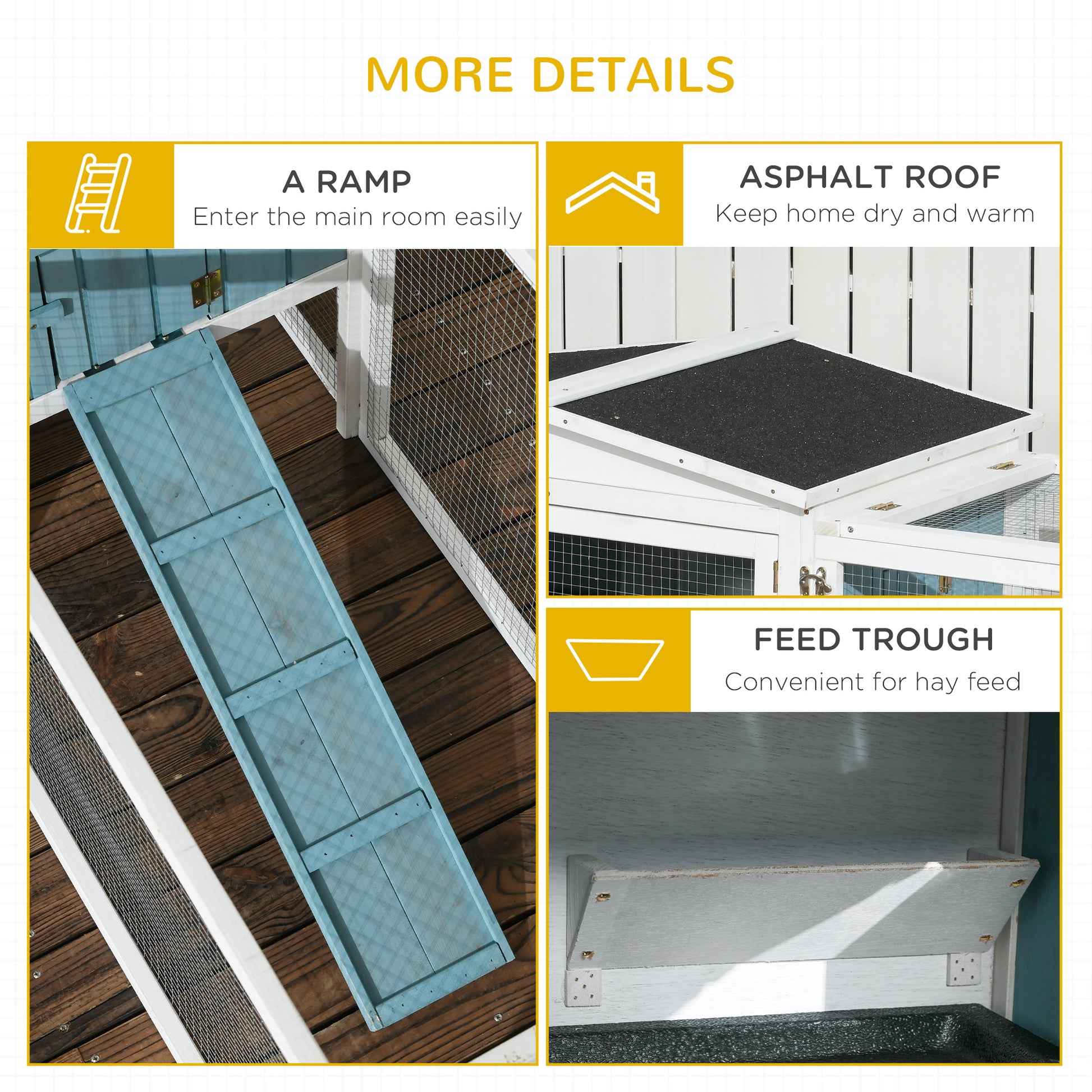 Wooden Rabbit Hutch Guinea Pig House with Removable Tray, Openable Roof, Trough, Run for Tortoises and Ferrets, Blue