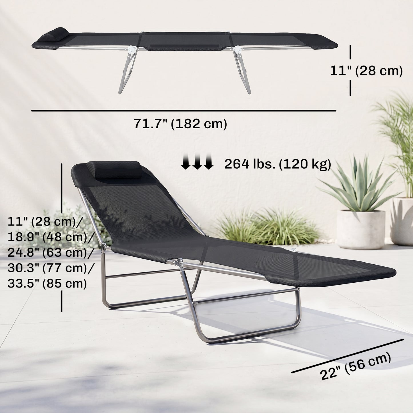 Outdoor Lounge Chair, Portable Adjustable Reclining Seat Folding Chaise Lounge Patio Camping Beach Tanning Chair Bed with Pillow, Black