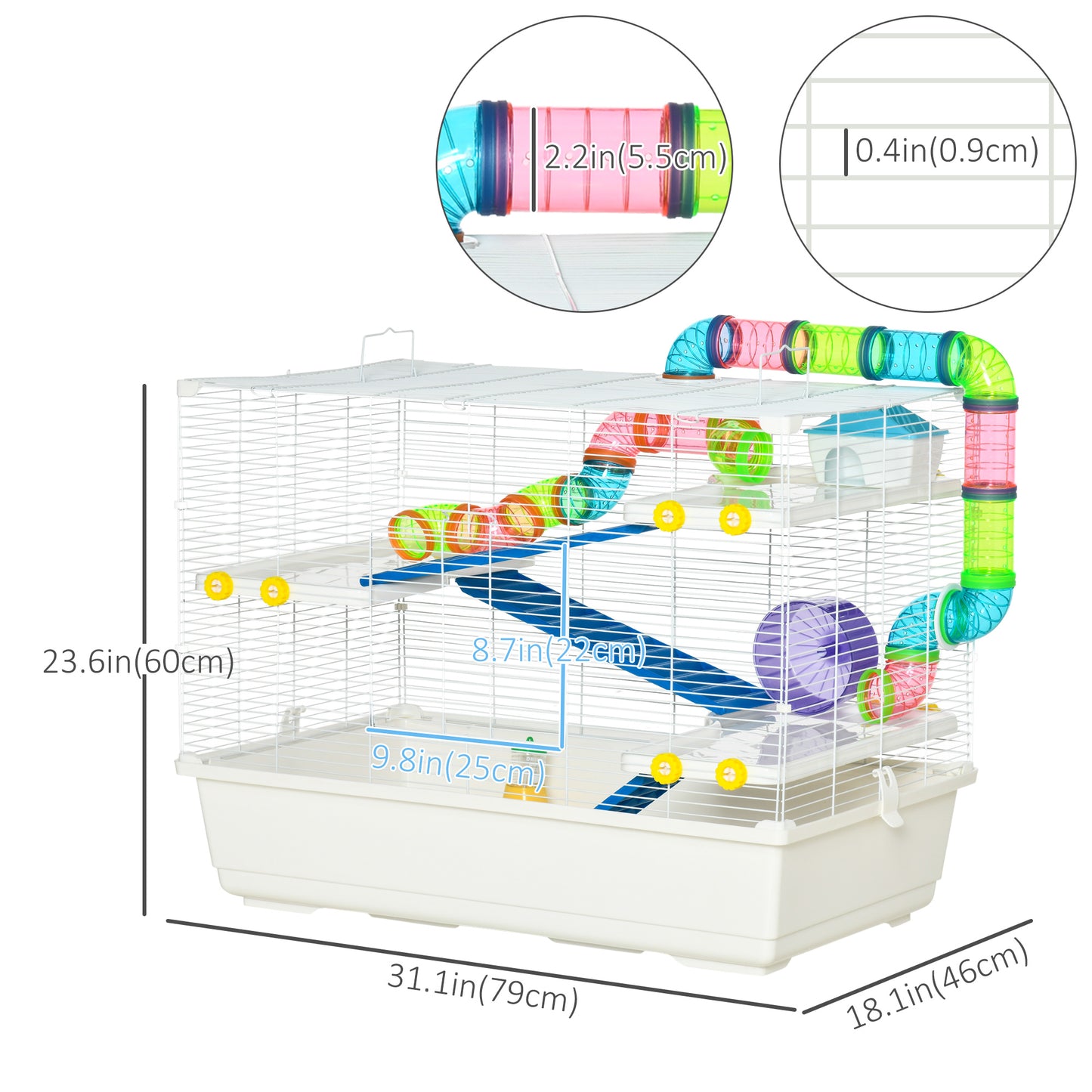 31" Large Hamster Cage, Small Animal House, Multi-storey Gerbil Haven, Tunnel Tube System, with Water Bottle, Exercise Wheel, Food Dish, Ramps, White