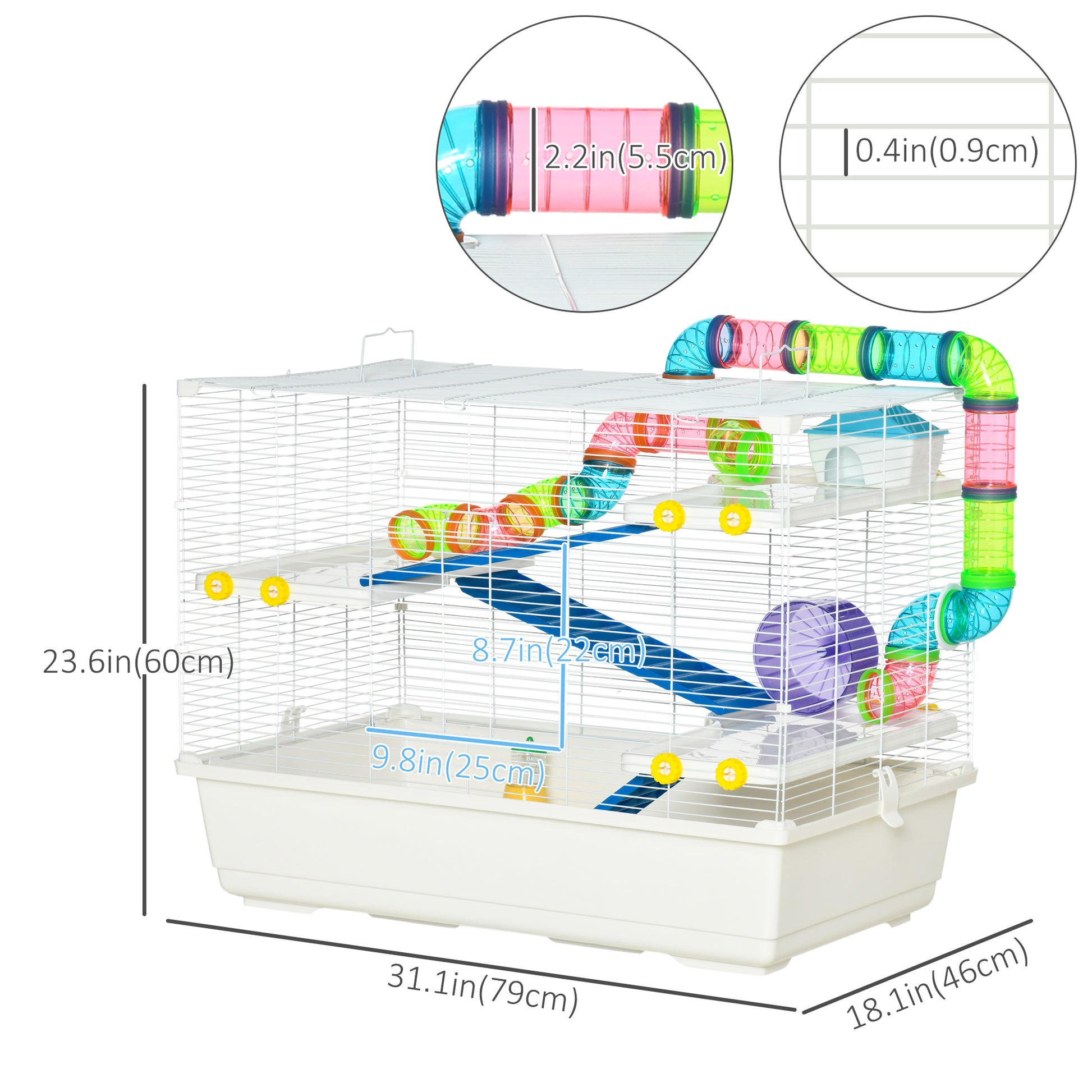 31" Large Hamster Cage, Small Animal House, Multi-storey Gerbil Haven, Tunnel Tube System, with Water Bottle, Exercise Wheel, Food Dish, Ramps, White