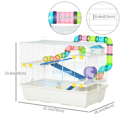 31" Large Hamster Cage, Small Animal House, Multi-storey Gerbil Haven, Tunnel Tube System, with Water Bottle, Exercise Wheel, Food Dish, Ramps, White