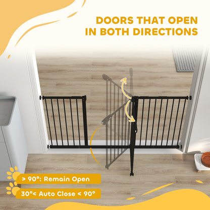29"-58" Wide Pet Gate with Door Dog Gate and Barrier Indoor for Stairs Includes 7", 8", 12" Extensions Kit, 30 Inch Tall Pressure-Mounted Safety Gate, Black