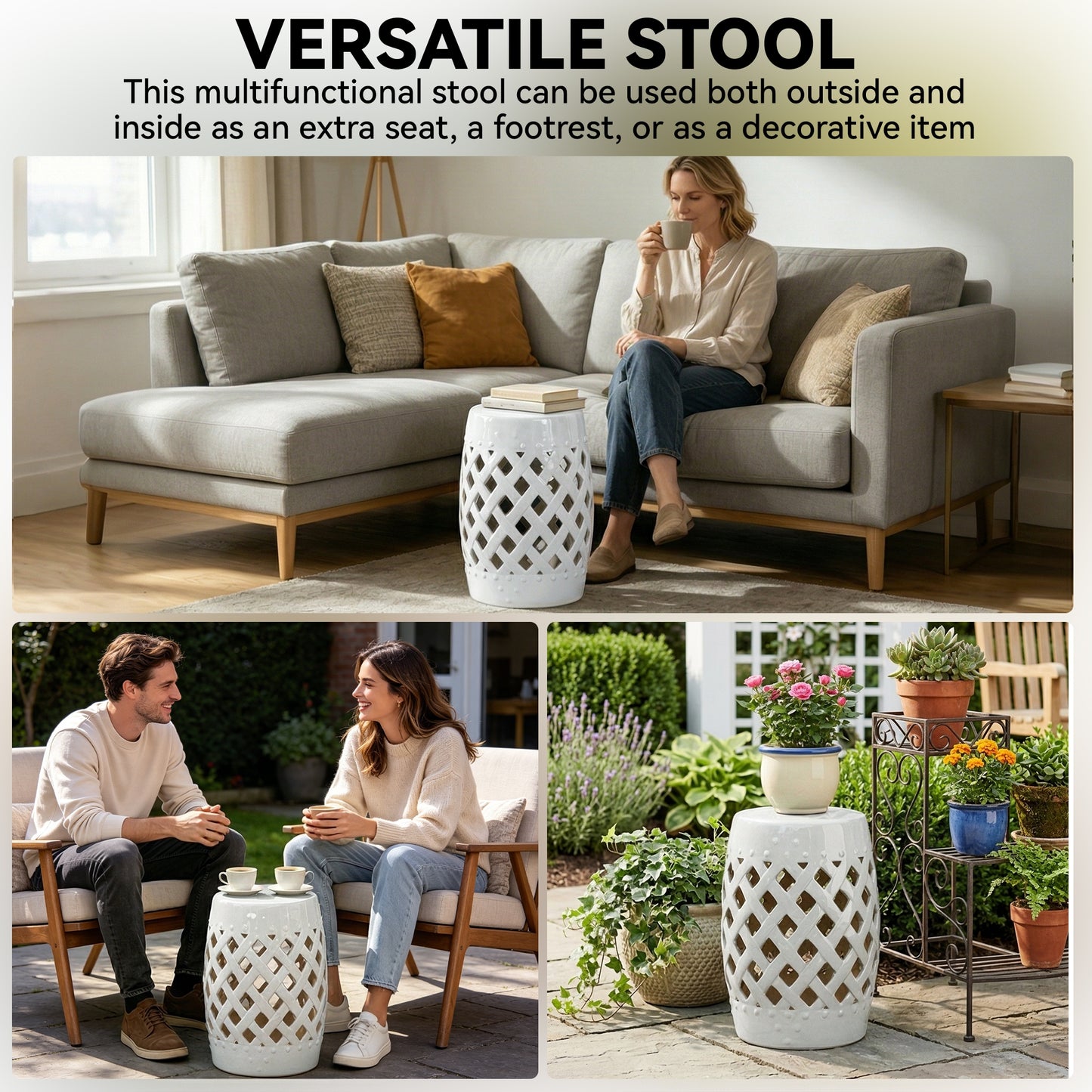18" Ceramic Garden Stool with Woven Lattice Design, Indoor & Outdoor Decorative Accent Stool, White