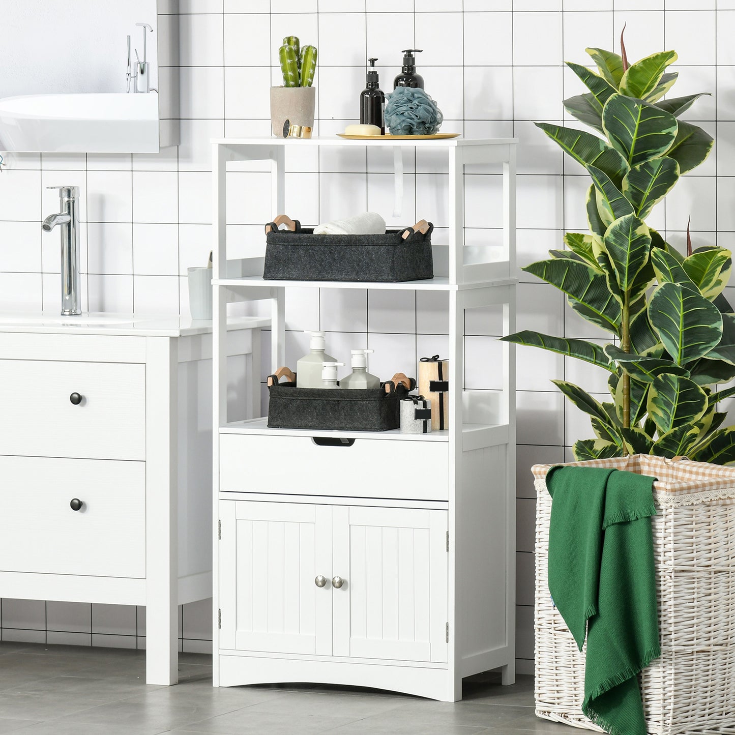 Bathroom Floor Cabinet, Free Standing Kitchen Cabinet with Shelves, Drawer and Doors, for Living Room, White