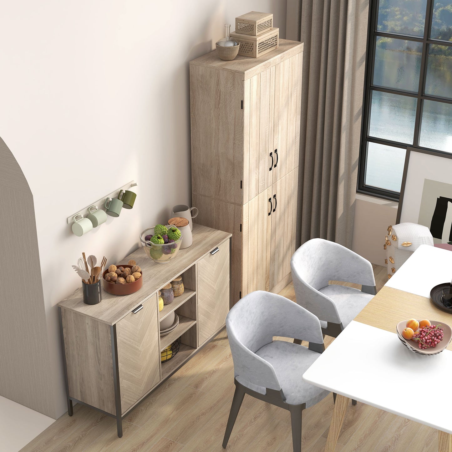 Sideboard Buffet Storage Cabinet Cupboard with 2 Doors and Adjustable Shelves for Dining Room, Kitchen, Living Room, Oak Tone