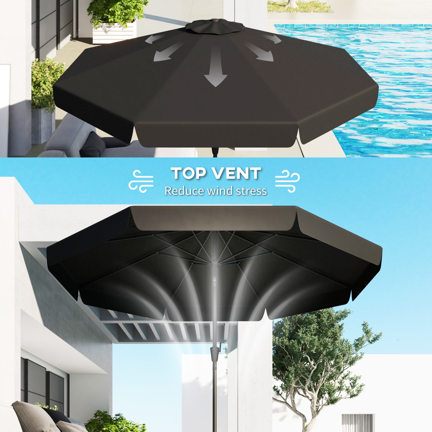 8.5 ft Outdoor Market Table Umbrella, Round Patio Umbrella with Tilt and Crank for Garden, Backyard, Deck, Black