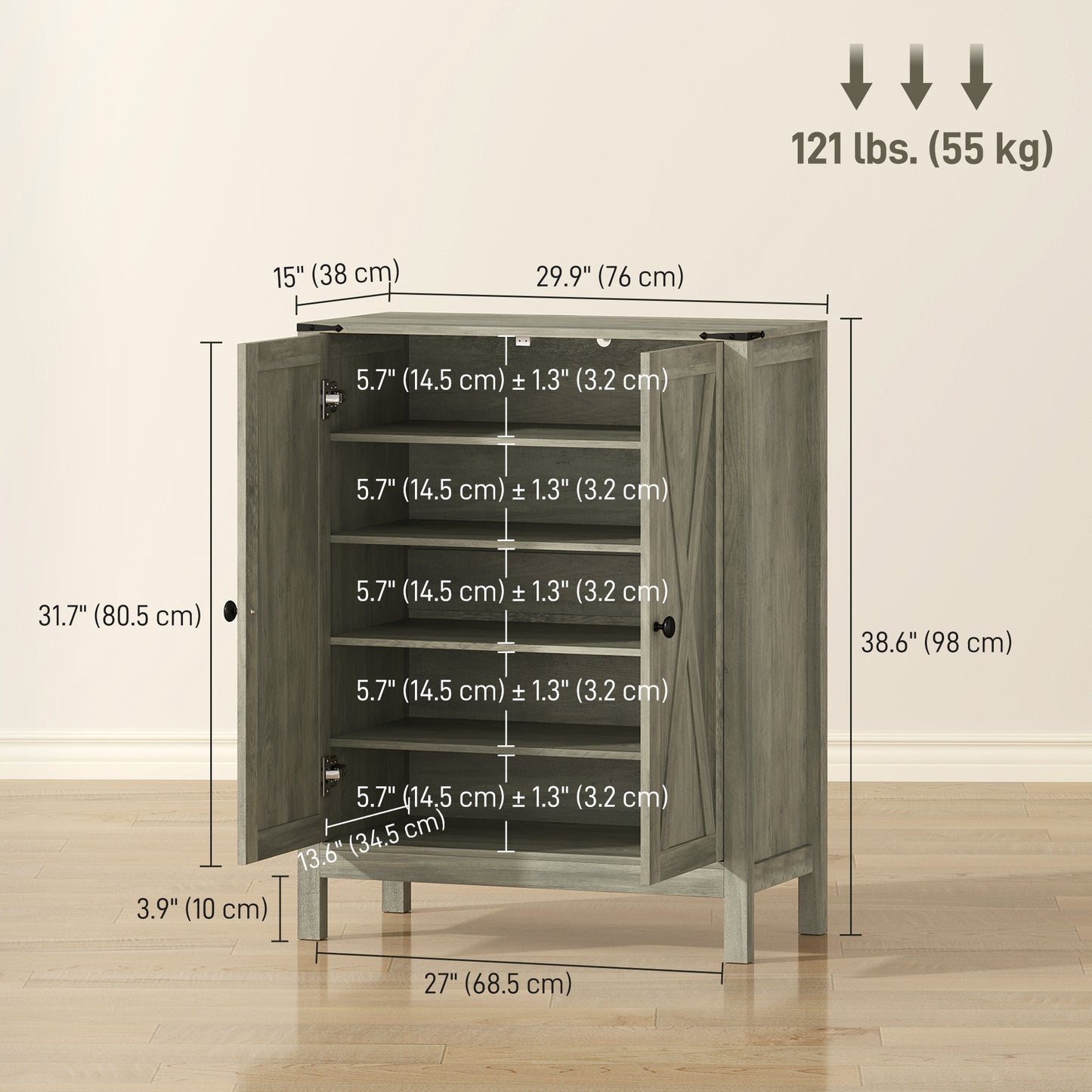Shoe Cabinet with Barn Doors, Farmhouse Shoe Storage Cabinet with Adjustable Shelves, Holds up to 15 Pairs, Grey