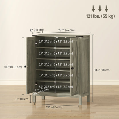 Shoe Cabinet with Barn Doors, Farmhouse Shoe Storage Cabinet with Adjustable Shelves, Holds up to 15 Pairs, Grey