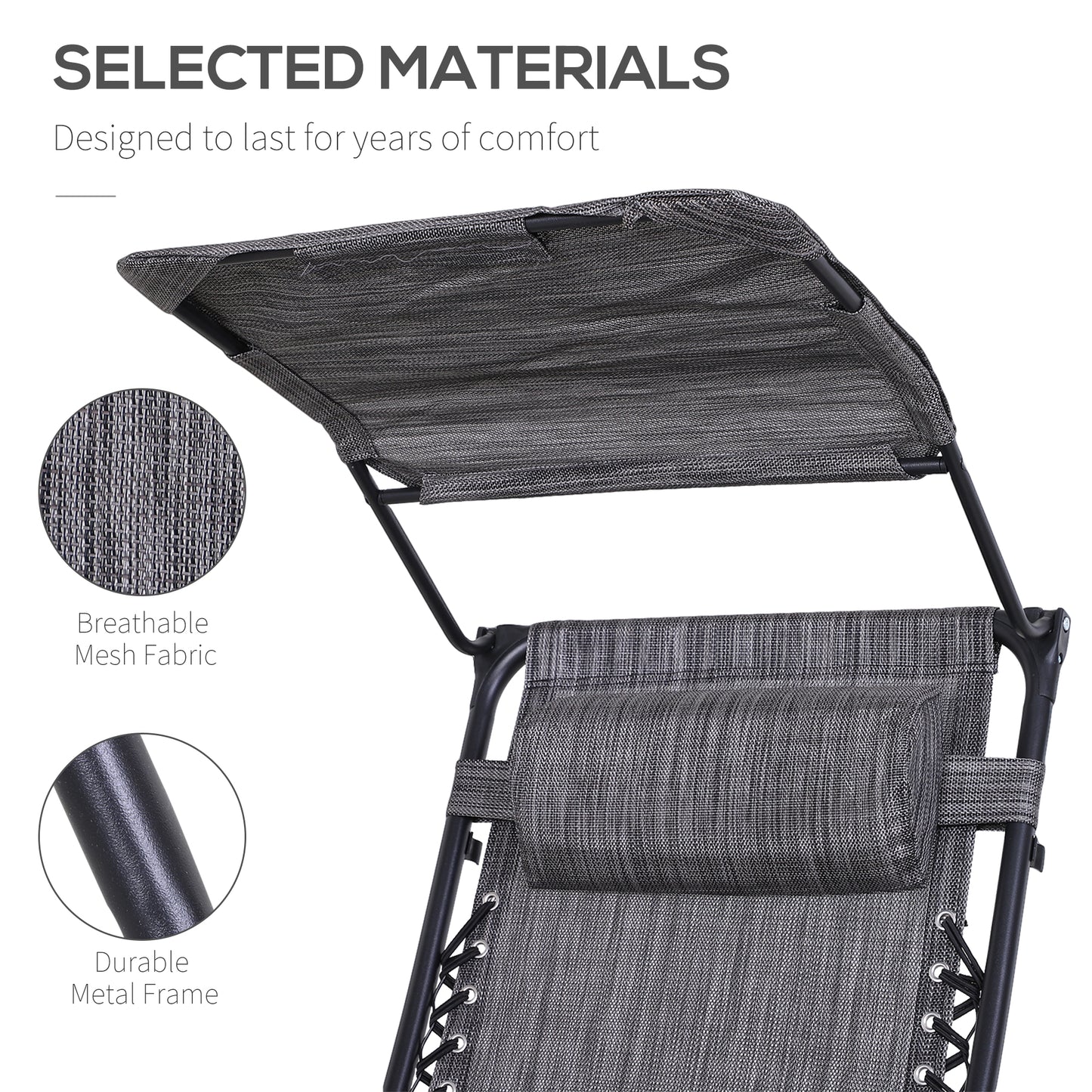 Outdoor Zero Gravity Reclining Lounger Chair with Canopy Shade, Side Tray, Cupholder, Dark Grey