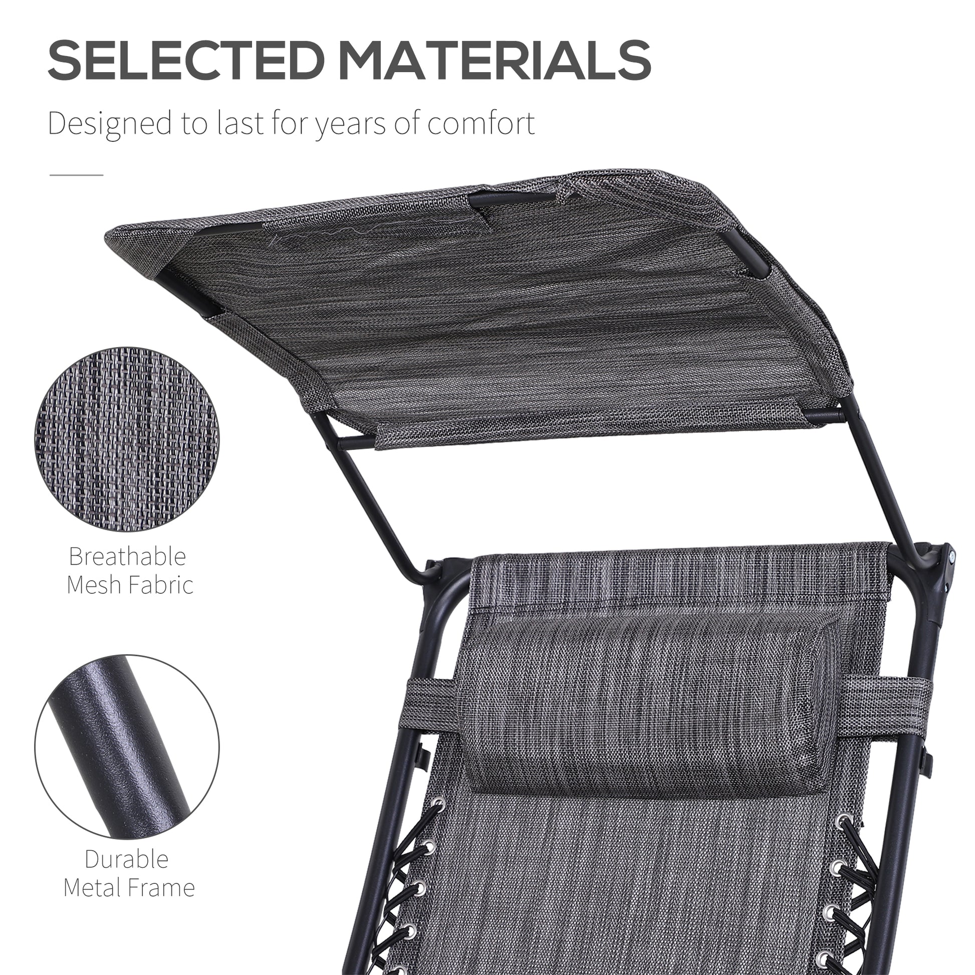 Outdoor Zero Gravity Reclining Lounger Chair with Canopy Shade, Side Tray, Cupholder, Dark Grey