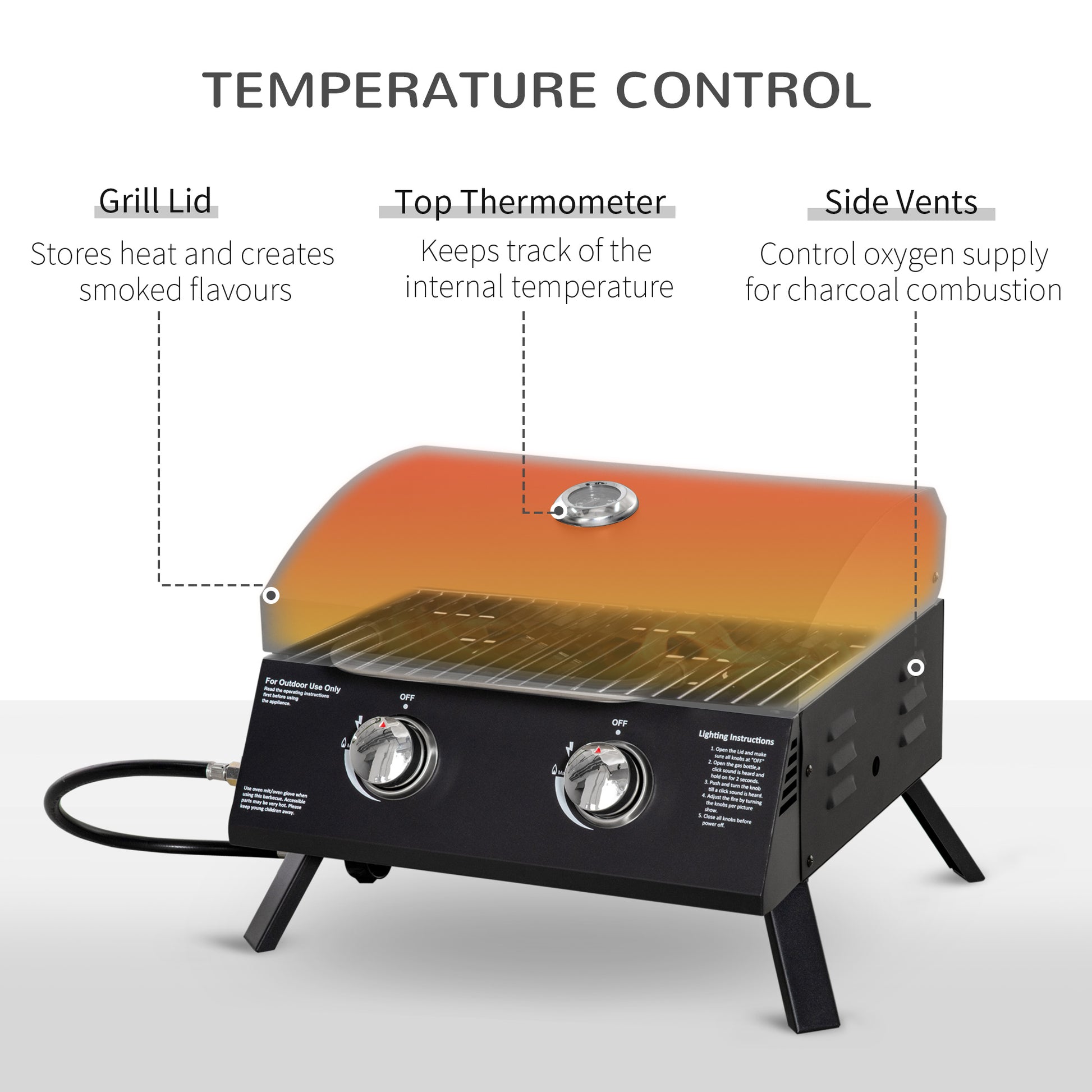2 Burner Propane Gas Grill, Outdoor Portable Tabletop BBQ with Foldable Legs, 10000 Each Burner, Lid, for Camping, Picnic, Backyard, Black