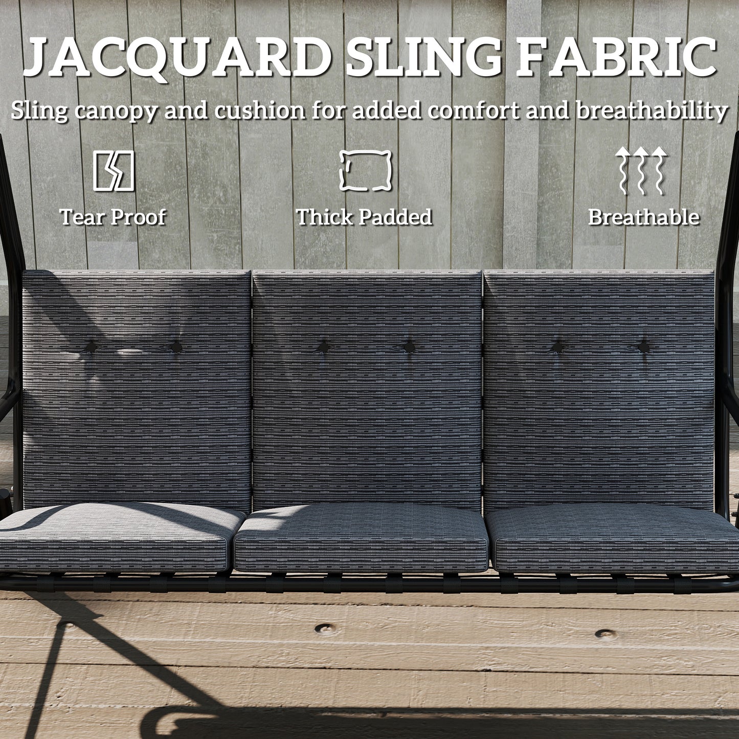 3-Person Porch Swing Chair, Patio Swing Bench with Adjustable Canopy, Removable Thicken Cushion and Weather Resistant Steel Frame for Outdoor, Garden, Poolside, Grey