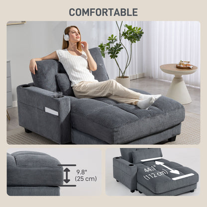58" Chaise Lounge Indoor, Oversized Corduroy Sofa Bed with 2 Cup Holders, Pillow, Deep Seat Sleeper Couch, Dark Grey