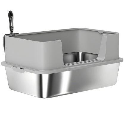 Stainless Steel Litter Box, XL High Sided Cat Litter Box with Scoop, Anti Leakage & Easy to Clean, 24" x 16" x 12", Grey