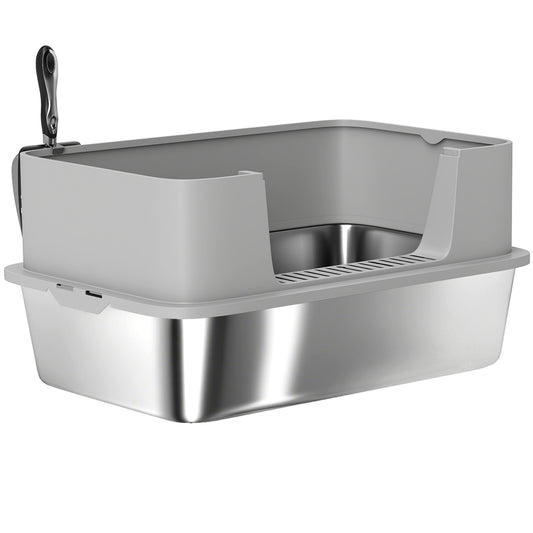 Stainless Steel Litter Box, XL High Sided Cat Litter Box with Scoop, Anti Leakage & Easy to Clean, 24" x 16" x 12", Grey