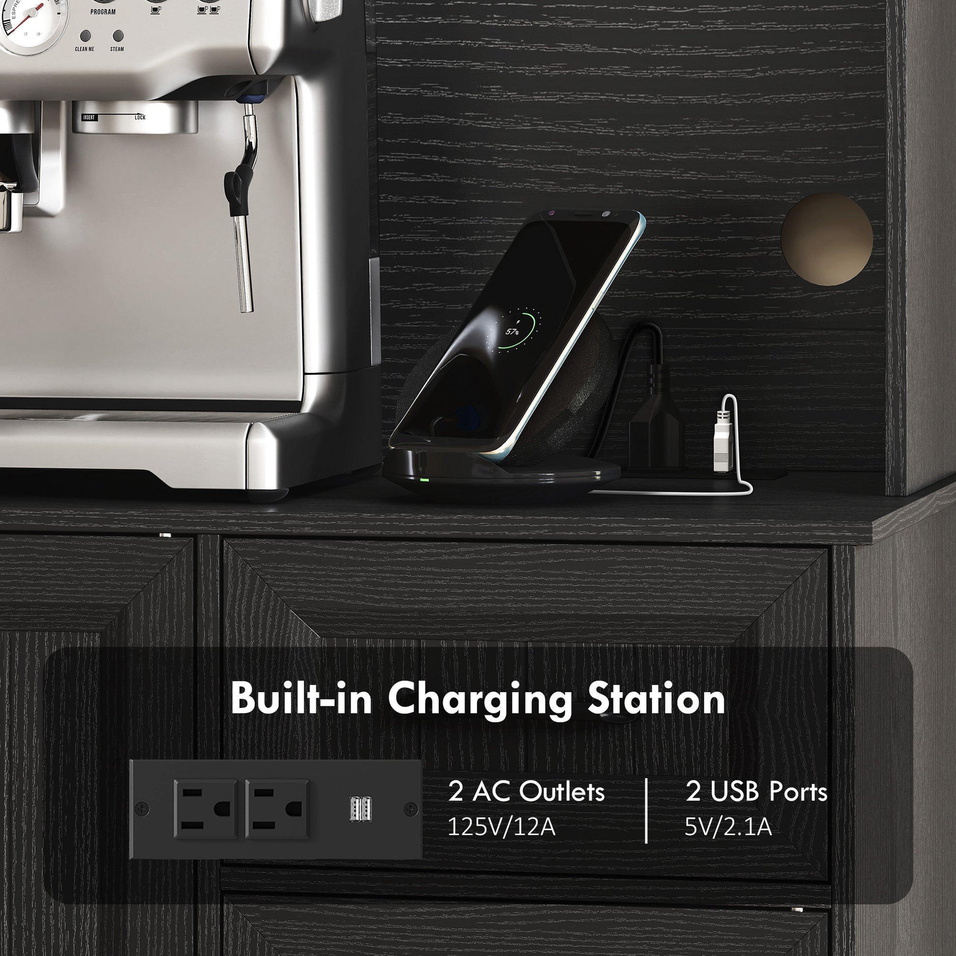 71" Pantry Cabinet with Charging Station, Kitchen Storage Cabinet with Microwave Stand, Adjustable Shelves, Black