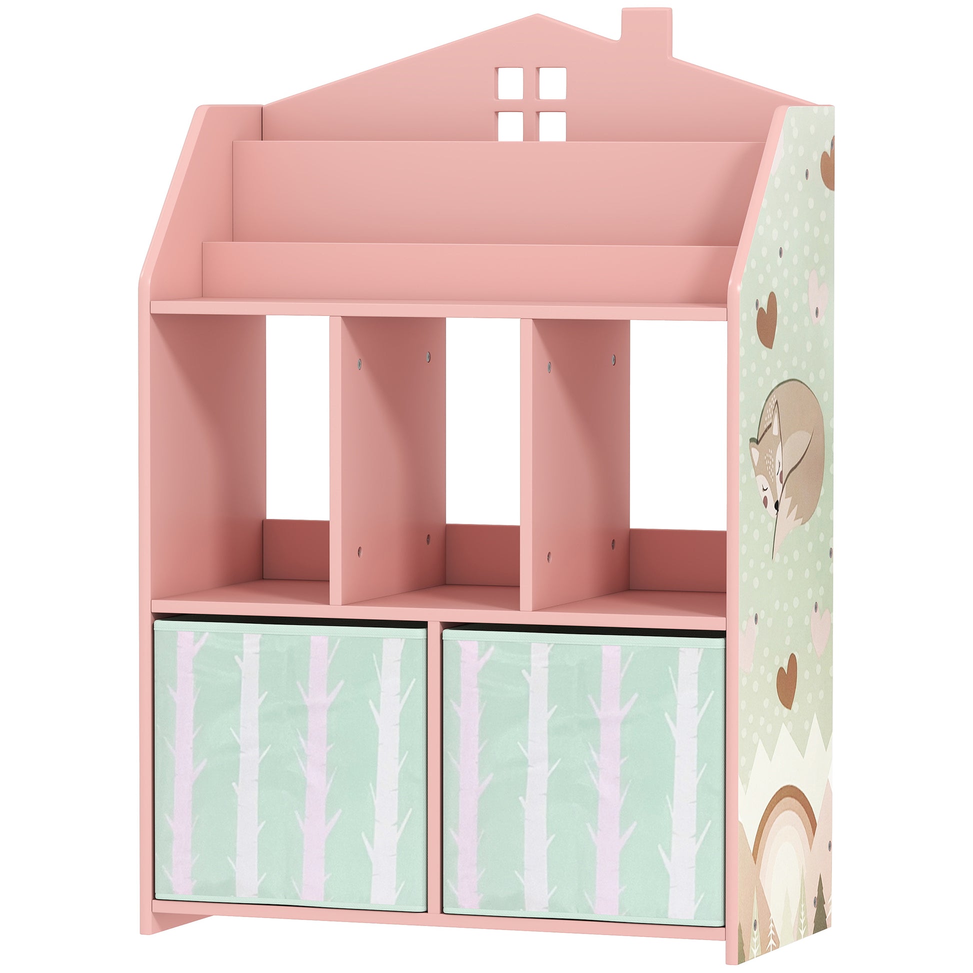 Qaba Kids Bookshelf with Storage, Toy Storage Unit with Book Display, Shelves and Fabric Drawers for Playroom Nursery, Pink