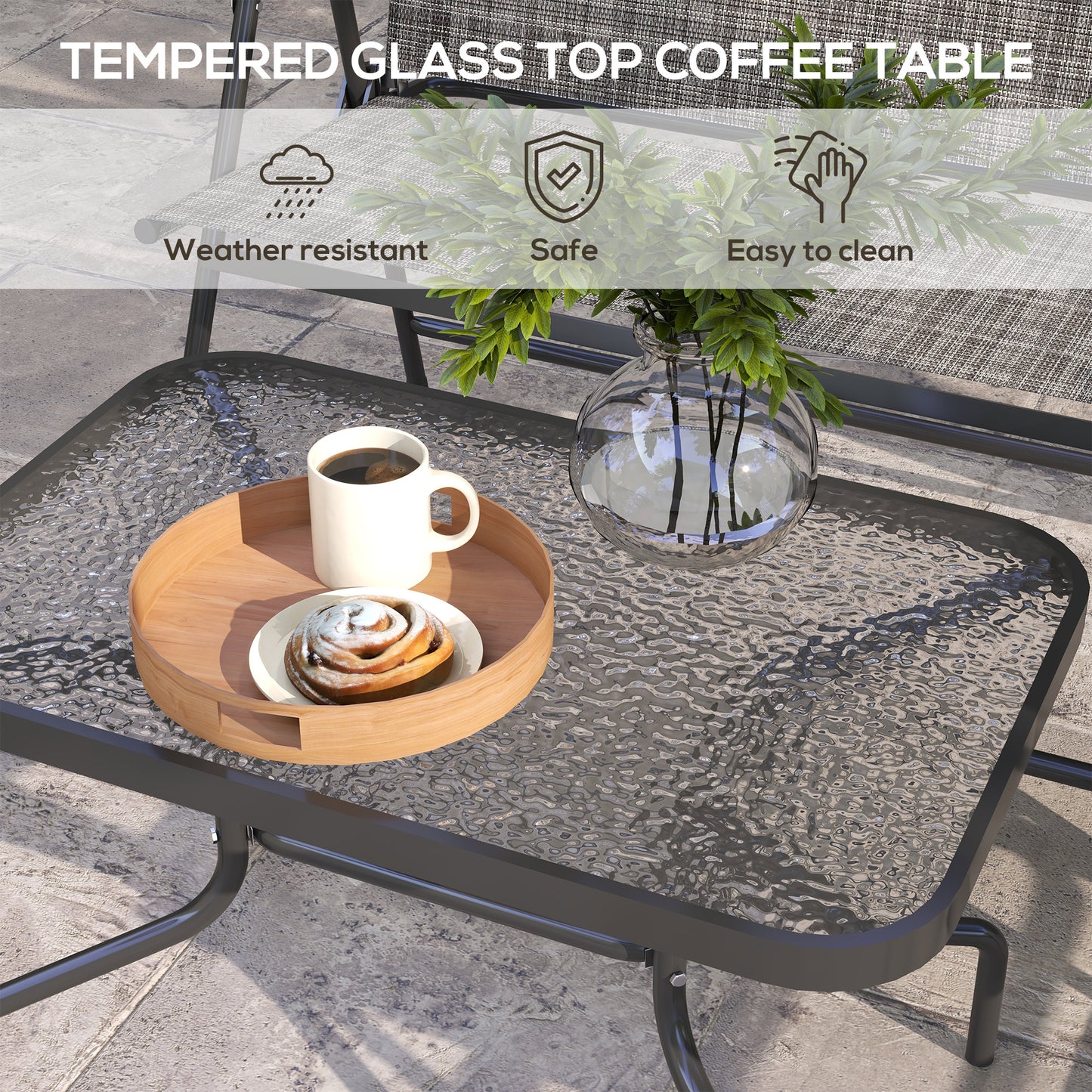 Outdoor 4 Pieces Patio Furniture Set, Garden Set with Two Foldable Armchairs, a Loveseat & Glass Top Table, Mixed Grey