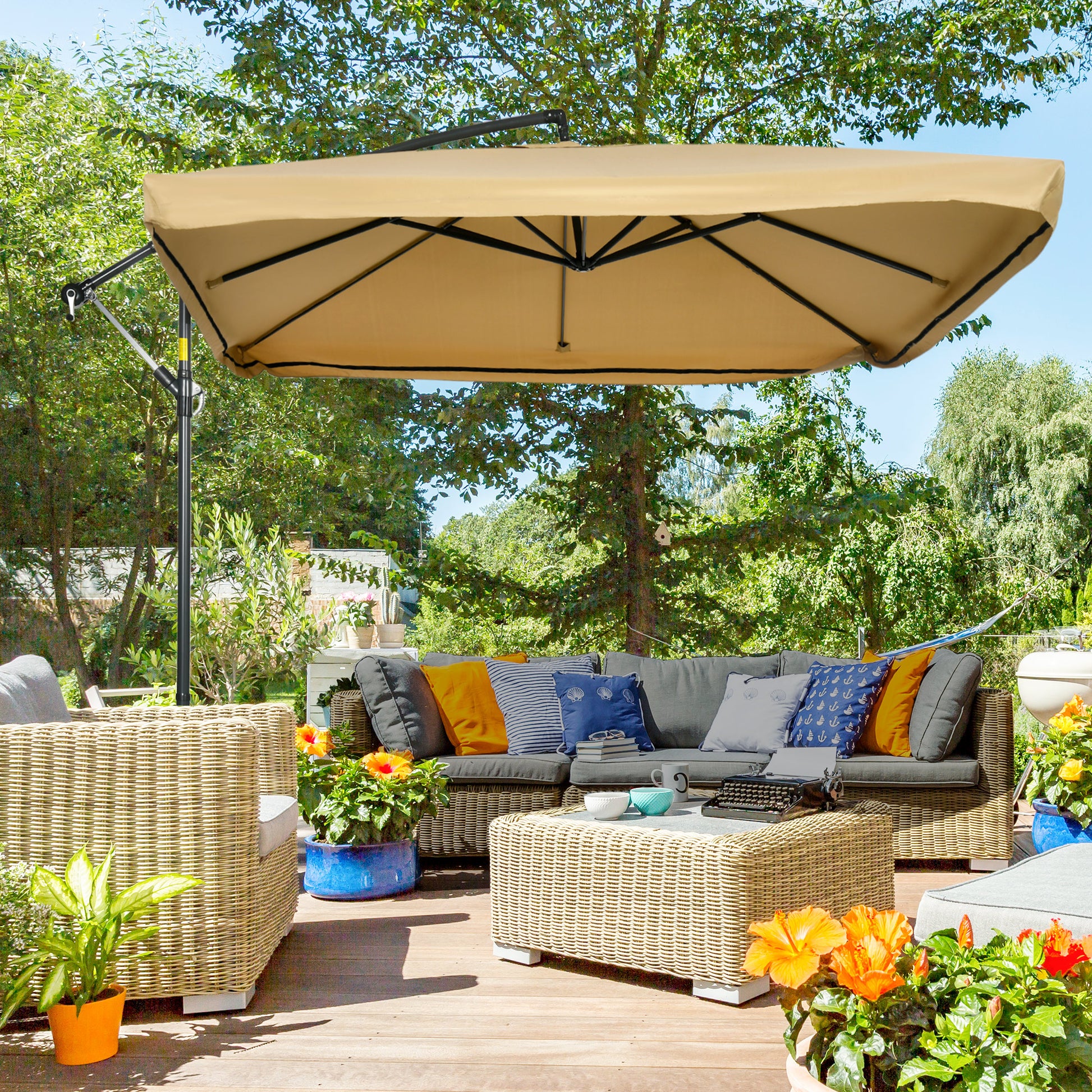 Offset Patio Umbrella with Net and Umbrella Base, Adjustable Cantilever Canopy with Cross Base, Weight Plates and 8 Ribs for Backyard, Poolside, Garden, Beige