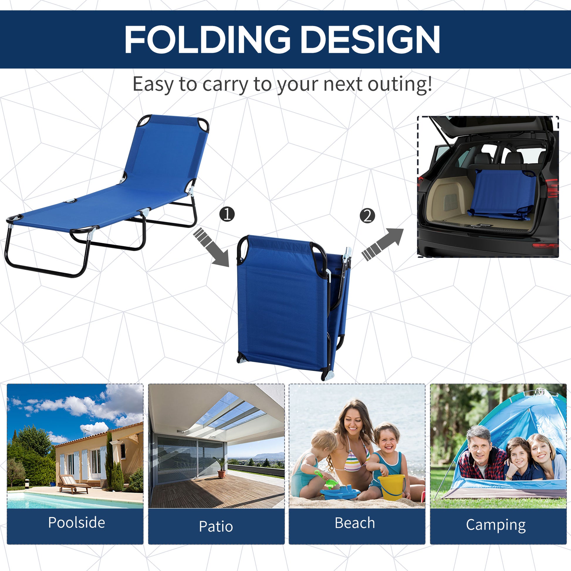 Outdoor Lounge Chair, Adjustable Folding Chaise Lounge, Tanning Chair with Sun Shade for Beach, Camping, Hiking, Backyard, Blue