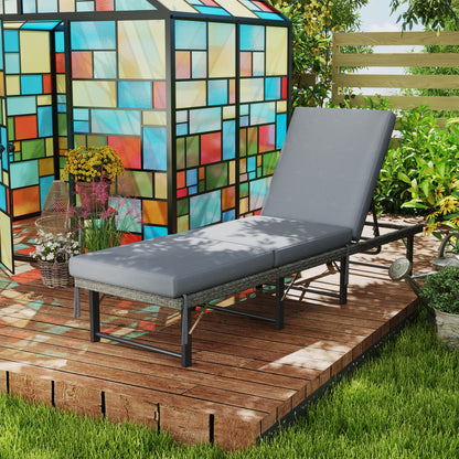 Folding Outdoor Lounge Chair, Wicker Chaise Lounge Tanning Chair with Cushion for Beach, Poolside, Garden, Grey
