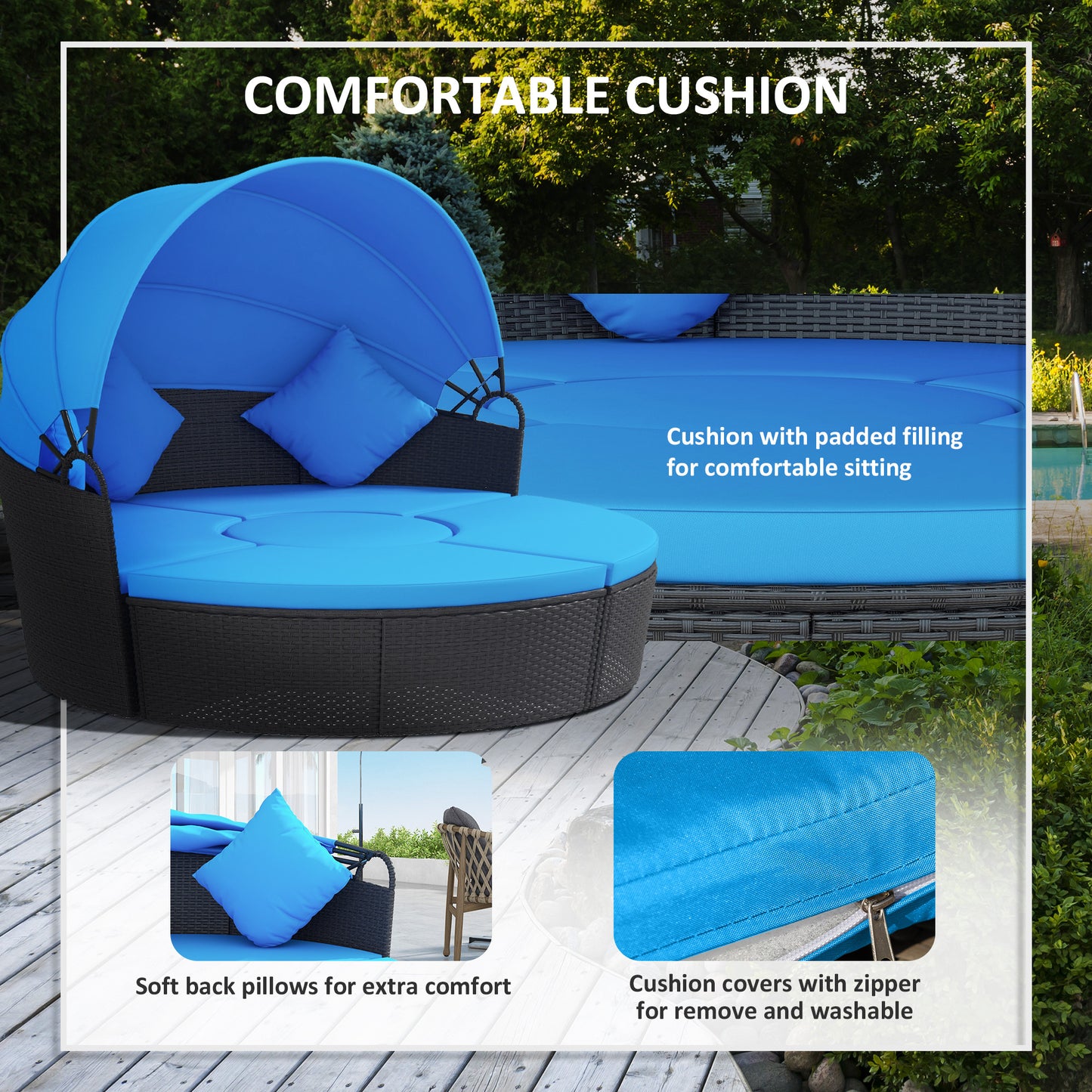 4-piece Round Sofa Bed, Outdoor Daybed with Retractable Canopy, PE Rattan Wicker Patio Lounge Chair