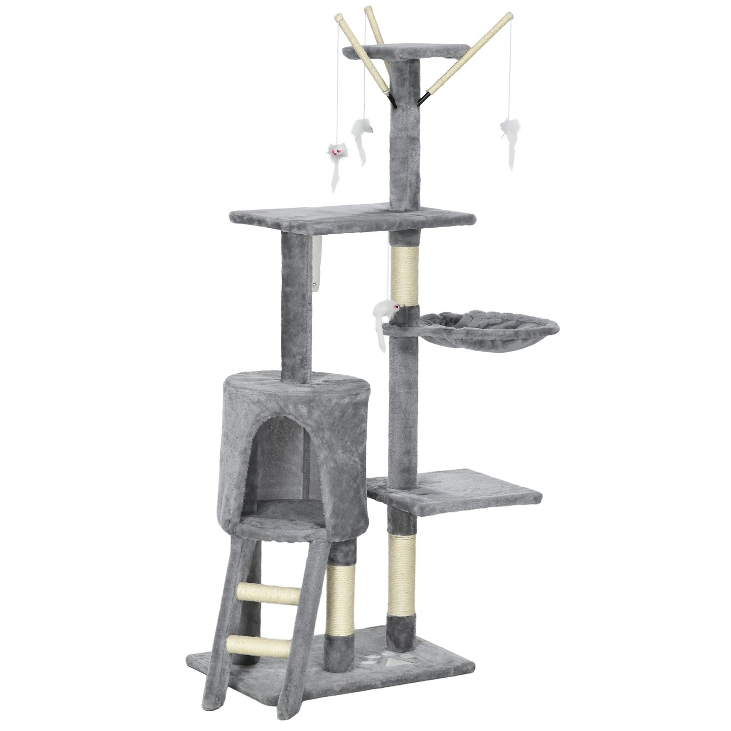53" Cat Tree Tower, Kitten Activity Centre with Scratching Posts, Condo, Perches, Ladder, Hammock, Dangling Toys, Grey