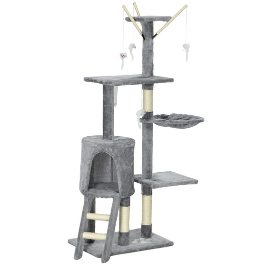 53" Cat Tree Tower, Kitten Activity Centre with Scratching Posts, Condo, Perches, Ladder, Hammock, Dangling Toys, Grey