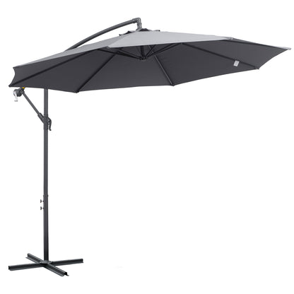 10ft Offset Patio Umbrella with Base, Garden Hanging Parasol with Crank, Banana Cantilever Umbrella Sun Shade, Grey