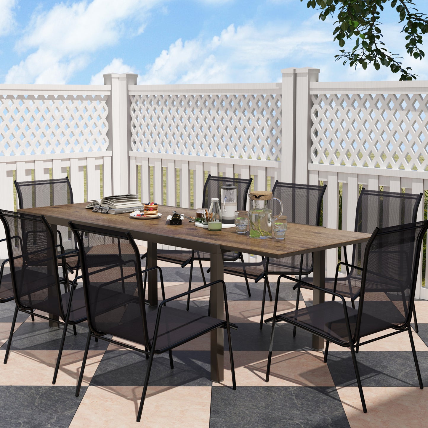 63"-94.5" Extendable Patio Dining Table for 6-8 Person, Outdoor Dining Table with Aluminium Edging, Steel Frame, Brown