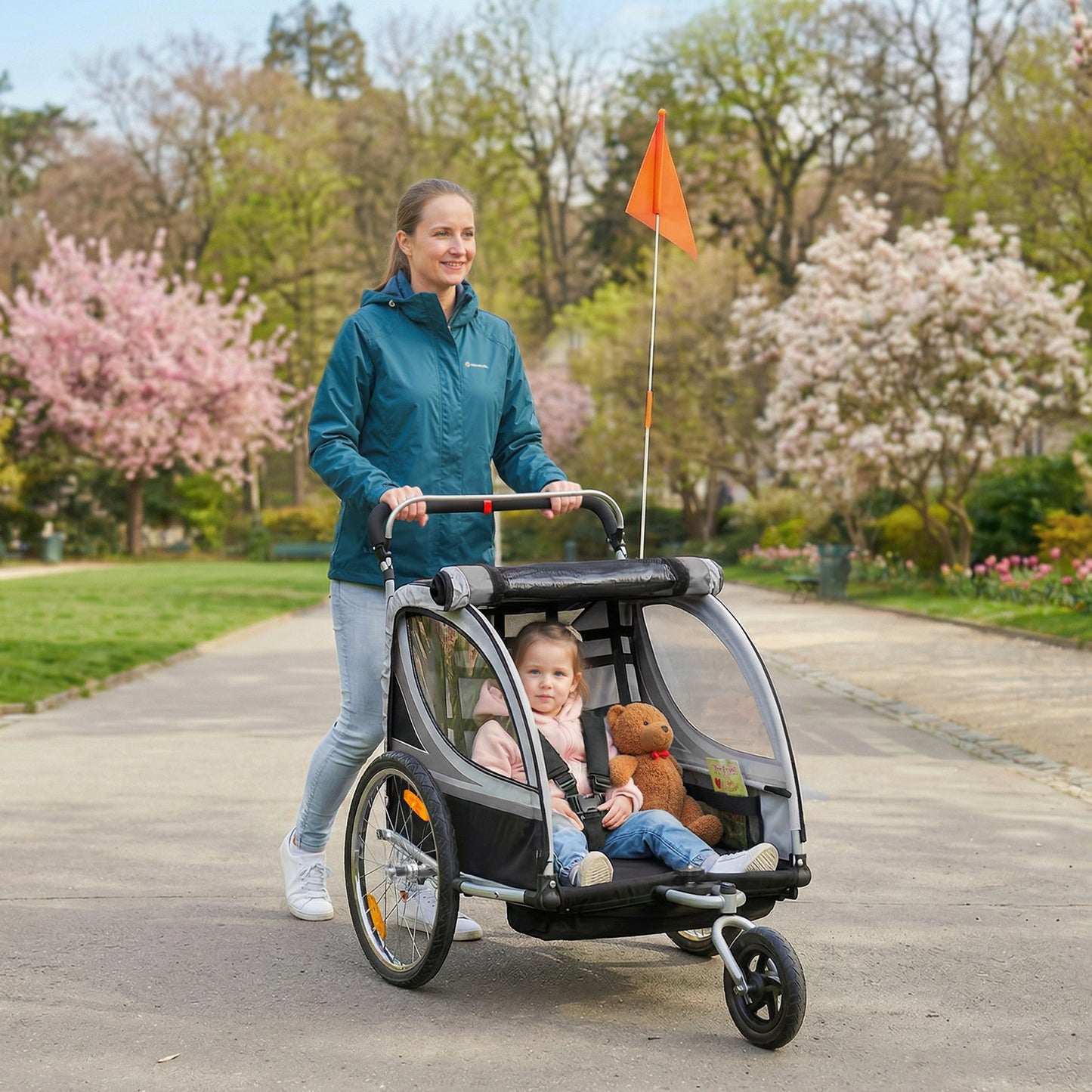 Aosom 2 Seat Bike Trailer for Kids 2-in-1 Baby Stroller with Handbrake, Rubber Wheels, 5 Point Harness, Reflectors, Grey