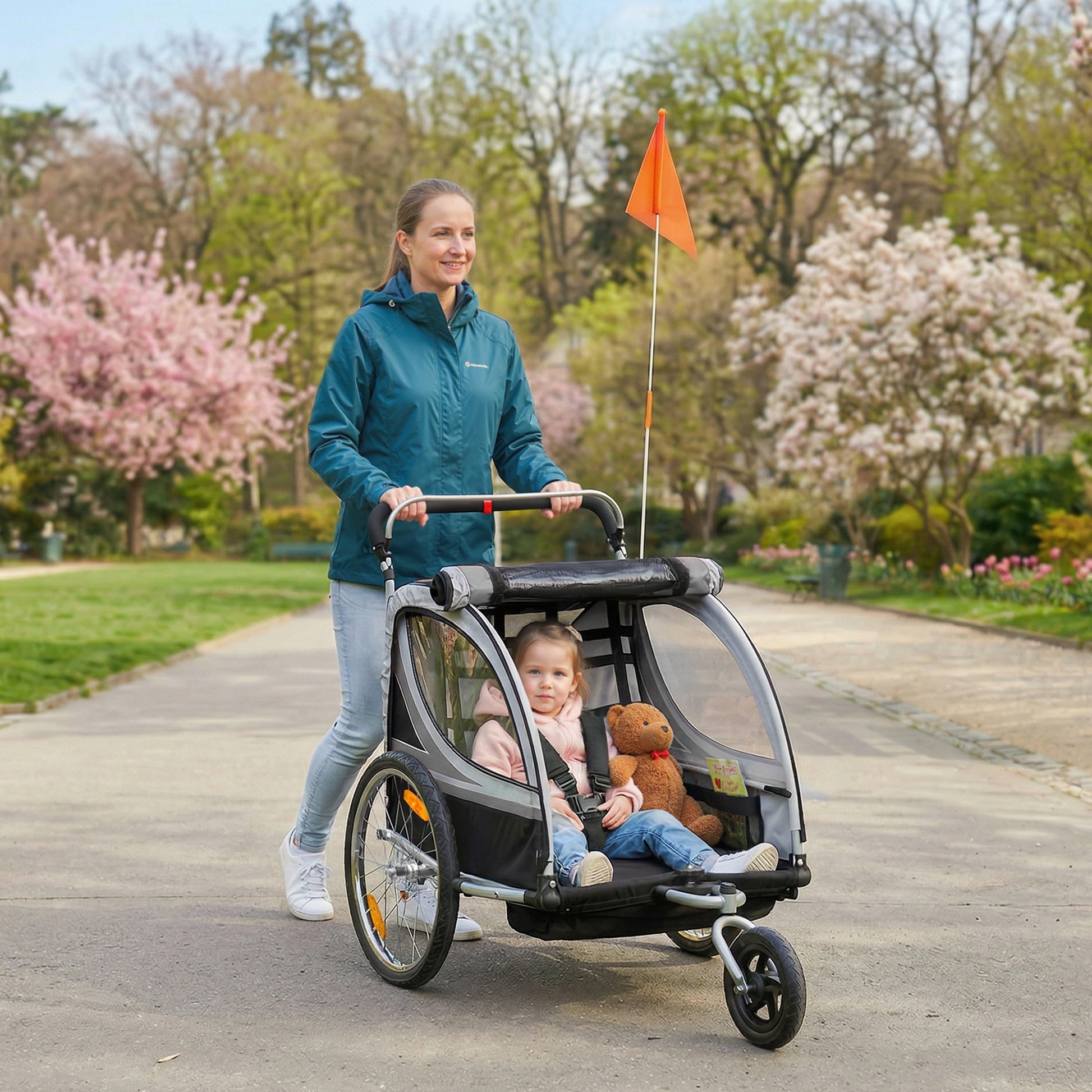 Aosom 2 Seat Bike Trailer for Kids 2-in-1 Baby Stroller with Handbrake, Rubber Wheels, 5 Point Harness, Reflectors, Grey
