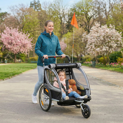 Aosom 2 Seat Bike Trailer for Kids 2-in-1 Baby Stroller with Handbrake, Rubber Wheels, 5 Point Harness, Reflectors, Grey