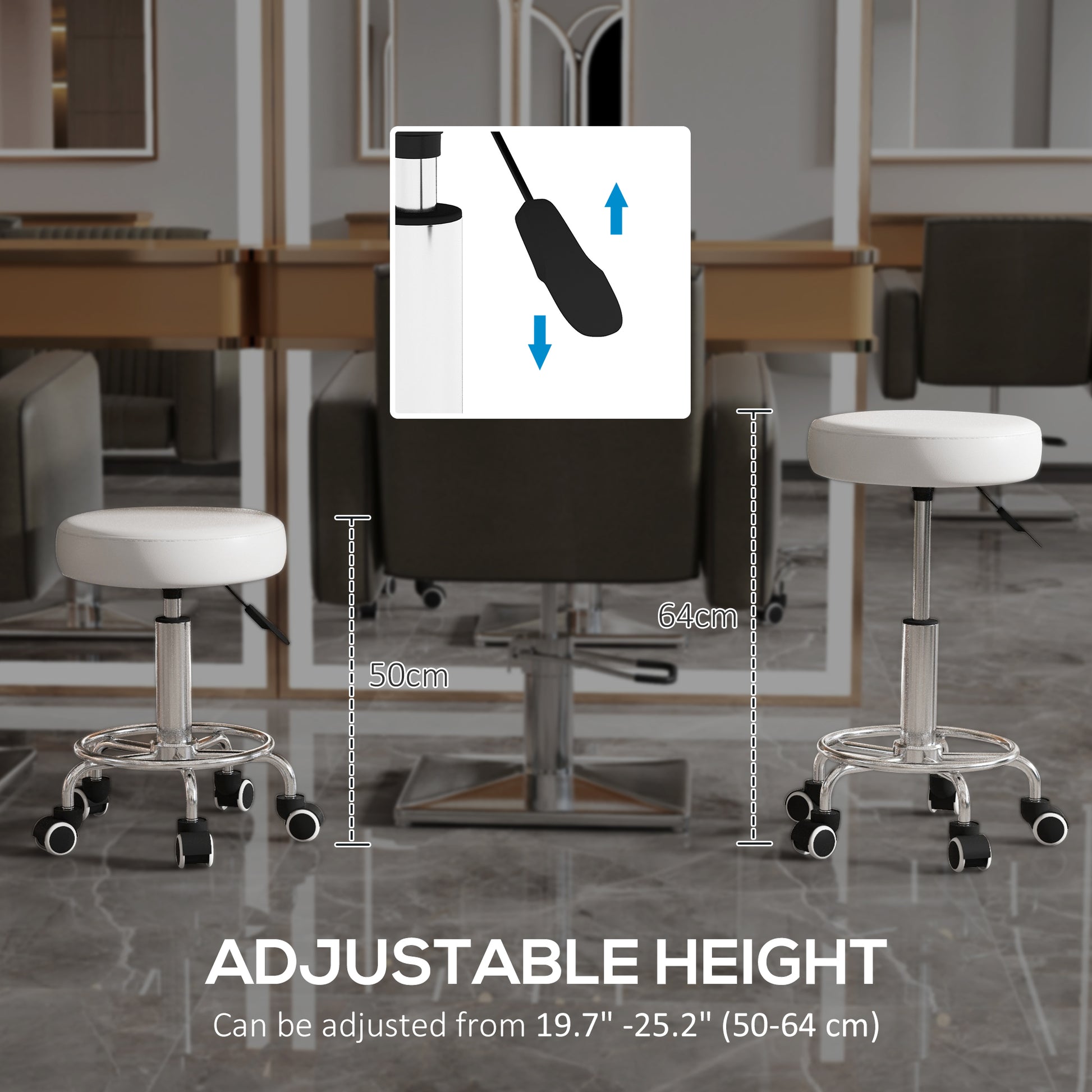 Salon Stool with Adjustable Height, PU Leather Barber Rolling Massage Tattoo Chair for Bar Beauty SPA, White