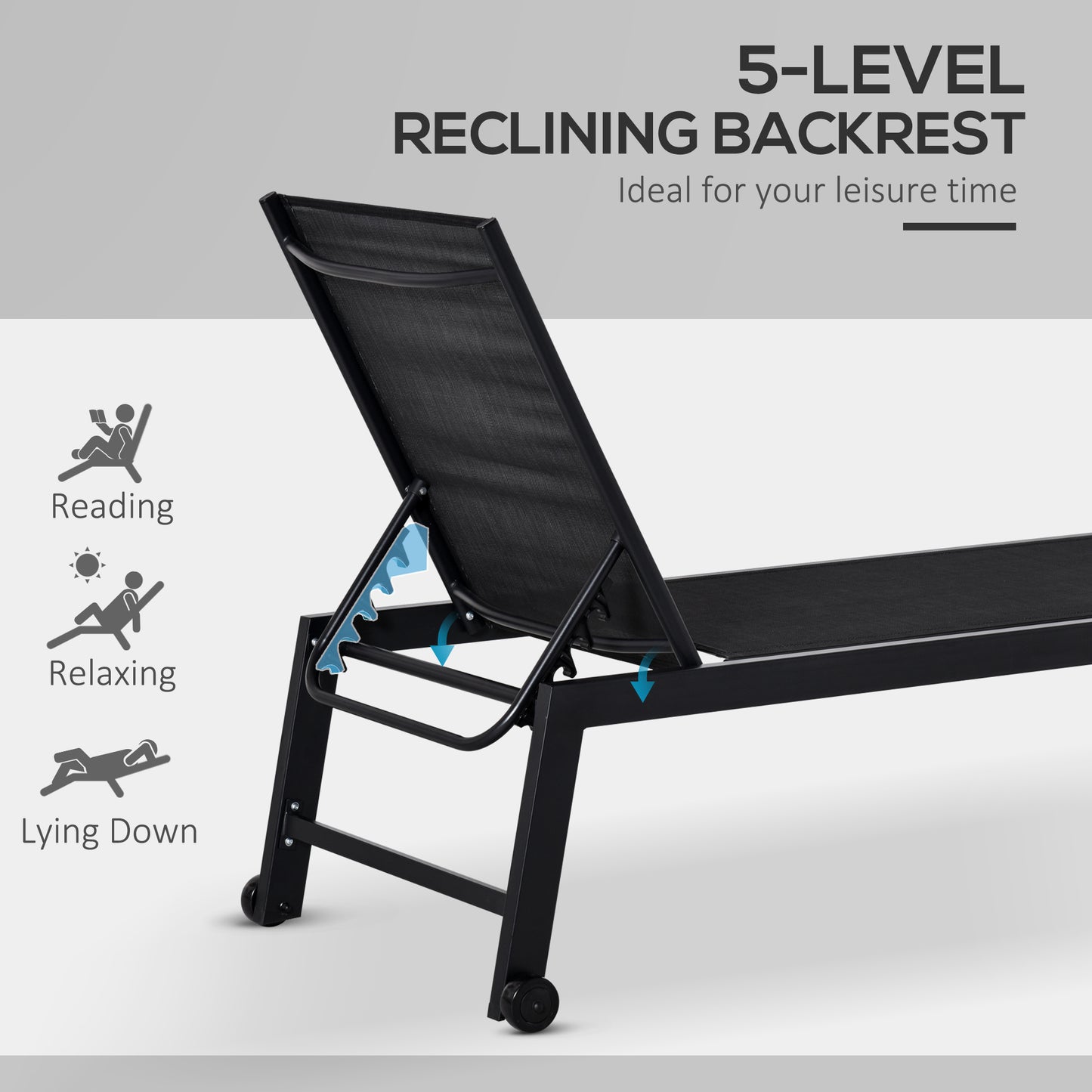 Outdoor Lounge Chair, Patio Lounger with 5-Position Reclining Backrest and 2 Wheels for Poolside, Beach, Lawn, Black