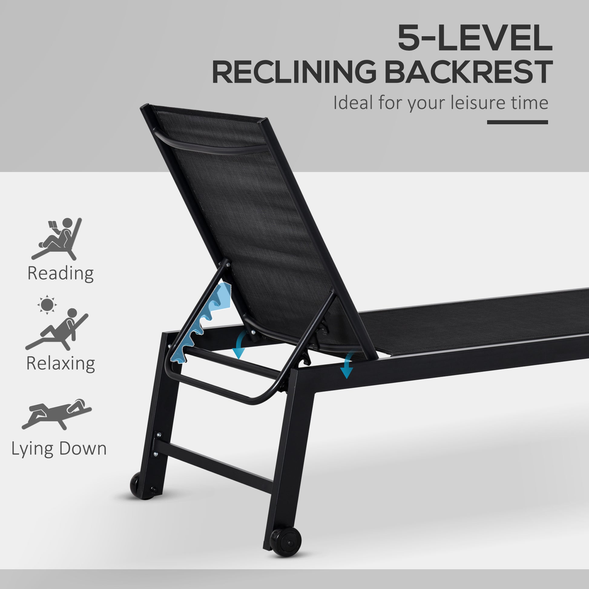 Outdoor Lounge Chair, Patio Lounger with 5-Position Reclining Backrest and 2 Wheels for Poolside, Beach, Lawn, Black