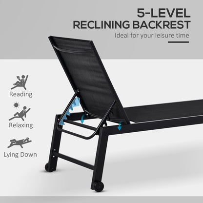Outdoor Lounge Chair, Patio Lounger with 5-Position Reclining Backrest and 2 Wheels for Poolside, Beach, Lawn, Black