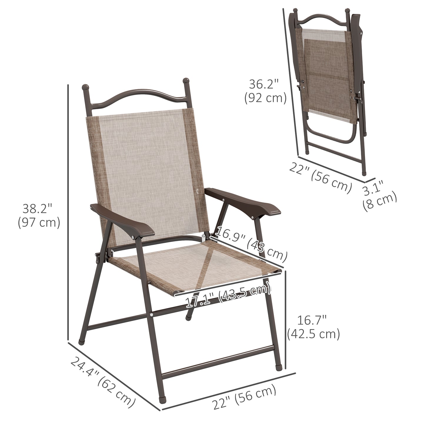 2 Pieces Folding Patio Camping Chairs Set, Sports Chairs for Adults with Armrest, Mesh Fabric Seat for Lawn